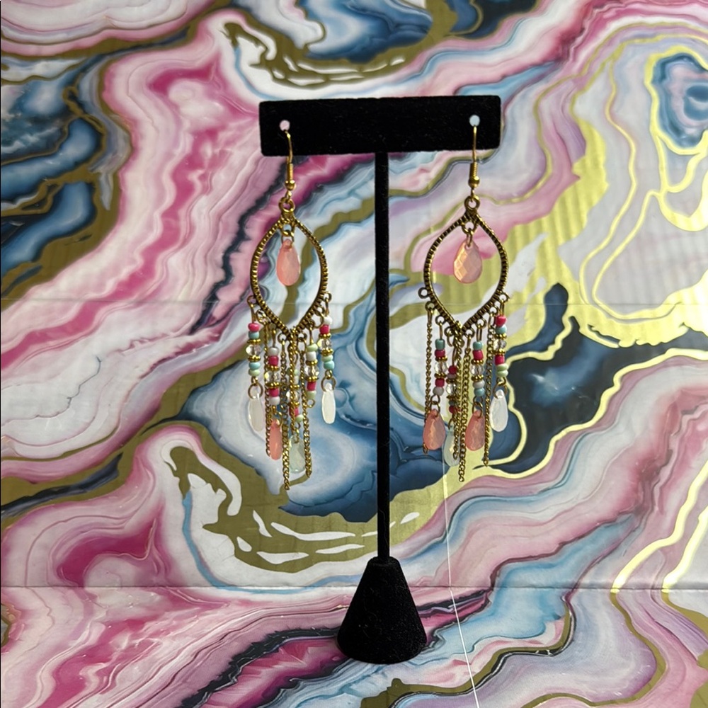 Bohemian Pink and Gold Chandelier Earrings